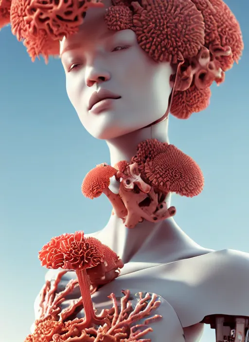 Prompt: biomechanical mannequin carrying perfume bottle enchanted coral kingdom made of corals, daisies, roses contoured smooth fair walls carrying perfume bottle, up close shot, sharp focus, global illumination, radiant light, alexandre ferra white mecha, irakli nadar, octane highly render, 4 k, ultra hd,