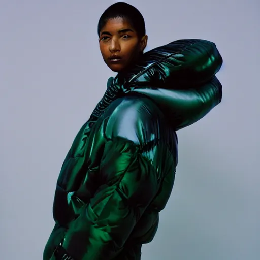 Image similar to realistic photoshooting for a new issey miyake lookbook, color film photography, portrait of a beautiful woman, model is wearing a futuristic puffer jacket, in style of tyler mitchell, 3 5 mm,