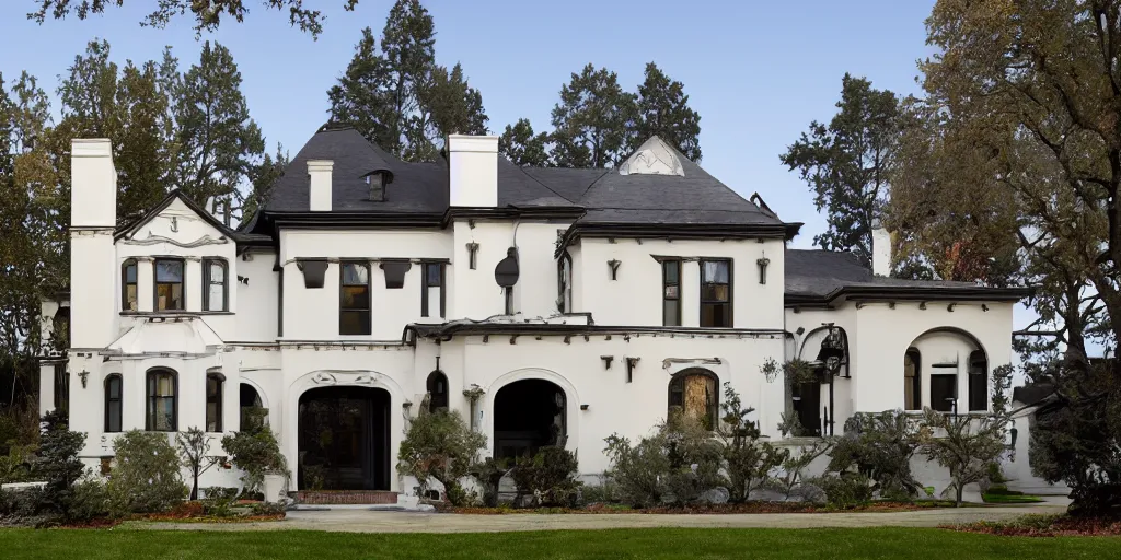 Image similar to stucco tudor with wood and tile white black mansion by mcalpine house, by jackson & leroy architects