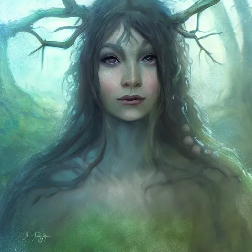 Prompt: cinematic painting, portrait of a dryad, inspired by brian froud, inspired by dungeons and dragons, fey, mysterious, in an evening autumn forest, trending on art station, cinematic sunset evening lighting, ominous shadows by jessica rossier