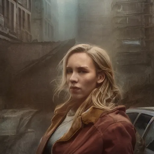 Prompt: fallout 5, charismatic beautiful rugged blonde female protagonist, portrait, outdoors ruined cityscape, atmospheric lighting, painted, intricate, volumetric lighting, beautiful, foggy, daytime, slight overcast weather, sharp focus, deep colours, ultra detailed, by leesha hannigan, ross tran, thierry doizon, kai carpenter, ignacio fernandez rios