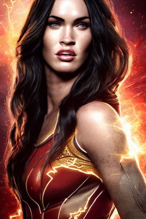 Image similar to majestic and regal portrait of megan fox female the flash, dc universe, perfect face, beautiful, intricate, epic, elegant, fantasy, highly detailed, digital painting, hard focus, beautiful volumetric lighting, epic light, ultra detailed, by leesha hannigan, ross tran, thierry doizon, kai carpenter, ignacio fernandez rios