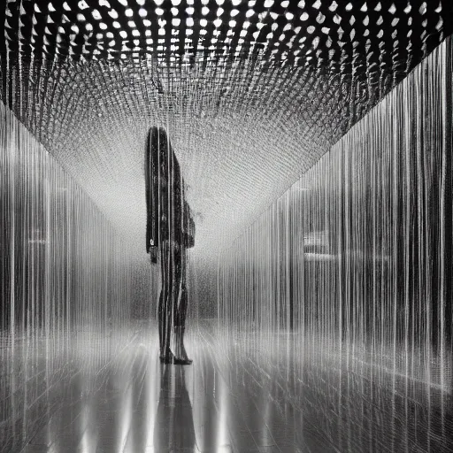 Image similar to rain room, art installation at the moma, extremely detailed, black and white photograph