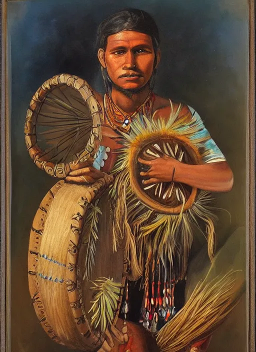 Image similar to a beautiful painting of an indigenous man holding a highly decorated round shamanic drum, fantasy art, matte painting