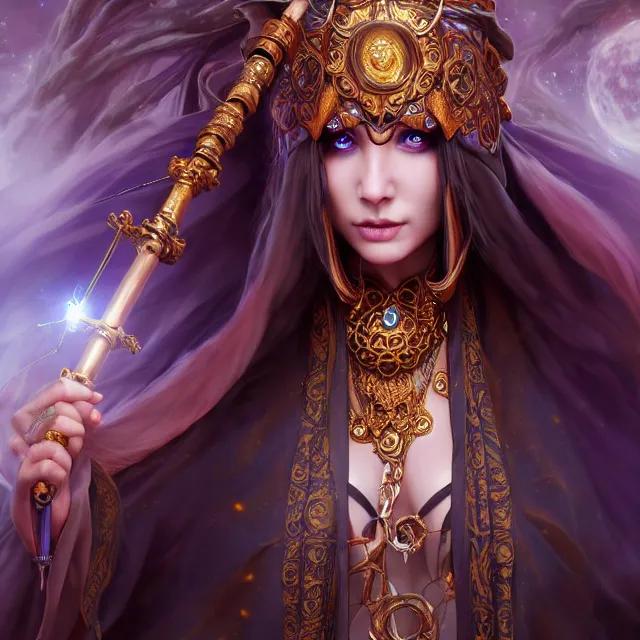 Prompt: beautiful elemental moon witch with ornate robes and staff, highly detailed, 4 k, hdr, smooth, sharp focus, high resolution, award - winning photo, artgerm, photorealistic