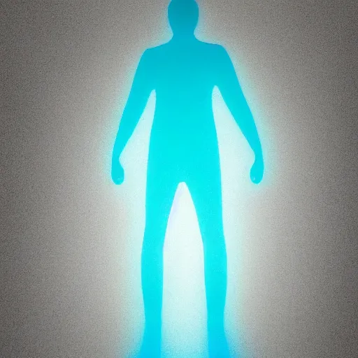 Prompt: specs of dust floating in the outline of a human figure who is no longer there, sun beam, ultra realistic, surreal, lonely, turquoise, 8K, UE5