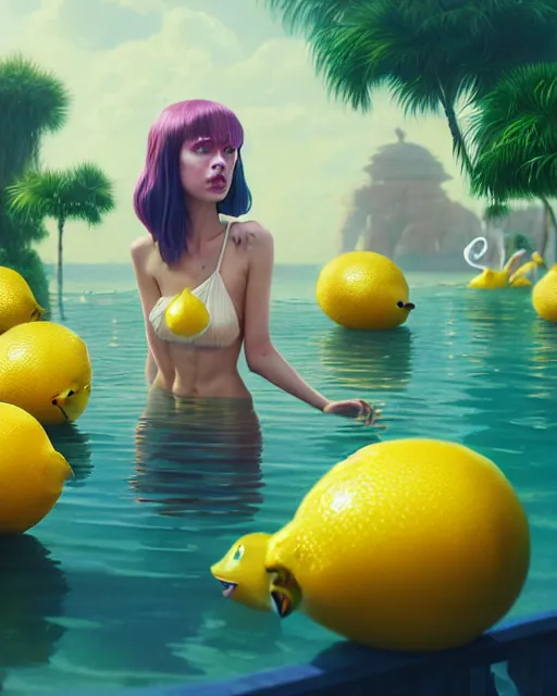 Image similar to highly detailed surreal vfx portrait of an anthropomorphic lemon pool party, stephen bliss, unreal engine, greg rutkowski, loish, rhads, beeple, makoto shinkai and lois van baarle, ilya kuvshinov, rossdraws, tom bagshaw, global illumination, detailed and intricate environment