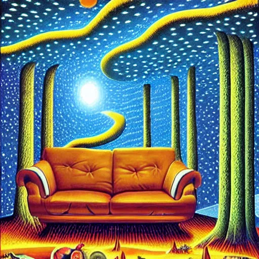 Image similar to psychedelic trippy couch pine forest planets milky way sofa cartoon by rob gonsalves