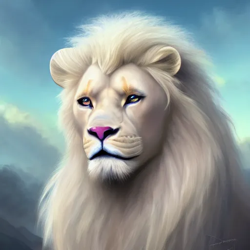 Image similar to a beautfiul aesthetic commission portrait of a anthro albino lion looking at the sky worried,attractive beautiful face,detailes face,expression,natural lighting,fantasy art,deviantart,artstation,character design by charles bowater,ross tran,artgerm,4k,photorealistic