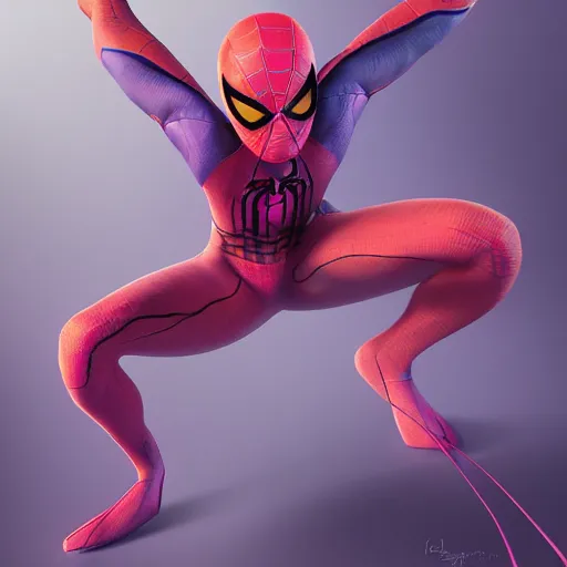 Image similar to concept render of an orange and red and purple and pink baby spiderman by cedric peyravernay and leon tukker