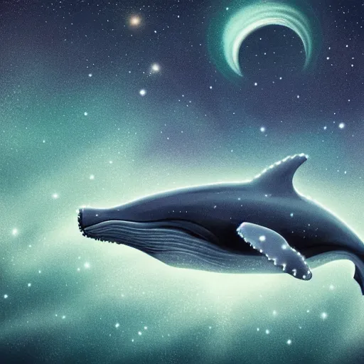 Image similar to portrait of whale swimming on a night sky, swimming across the universe, oniric, dreamy, beautiful, highly detailed, cinematic, trending on artstation