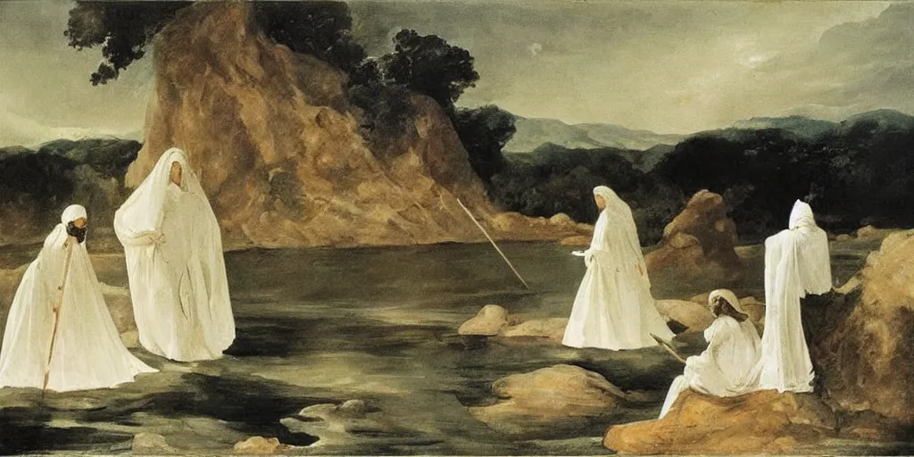 Image similar to hyperrealismBaptism on the river girls in white capes and death angels landscape in style of Goya