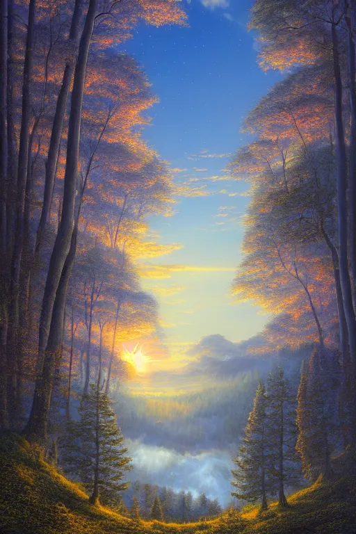 Prompt: A beautiful ultra detailed matte painting sunrise in the black forest magical, by rob Gonsalves, trending on artstation