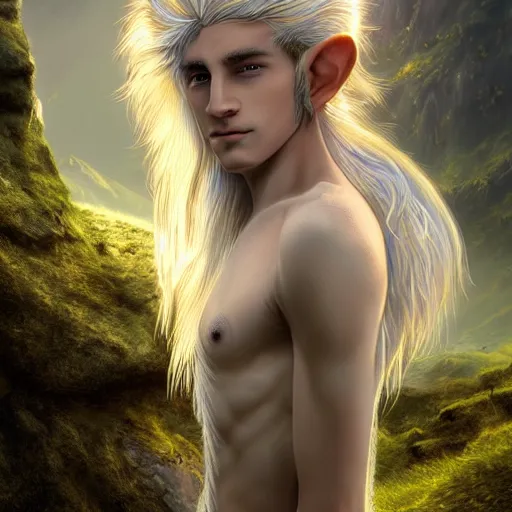 Prompt: a portrait of a handsome elven prince, white fringy hair, epic beautiful landscape, backlit, incredible lighting, strong rim light, subsurface scattering, highly detailed, god rays, digital painting, HDRI, by Heise Jinyao, Heise-Lian Yan Fang, Feimo, Richard Taddei, vivid colors, high contrast, 8k resolution, intricate, photorealistic, smooth