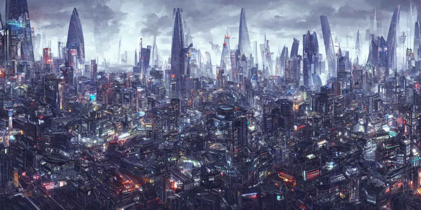 Image similar to london city skyline cyberpunk, hyper detailed, concept art, award winning concept art