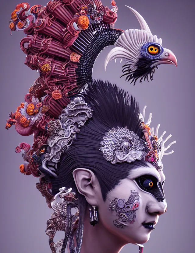 Image similar to 3 d goddess close - up profile portrait punk with mohawk with ram skull. beautiful intricately detailed japanese crow kitsune mask and clasical japanese kimono. betta fish, jellyfish phoenix, bio luminescent, plasma, ice, water, wind, creature, artwork by tooth wu and wlop and beeple and greg rutkowski