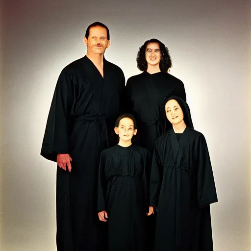 Image similar to 1 9 9 0's sears portrait photo, a family wearing long black cult robes and a giant evil sinister demonic creature