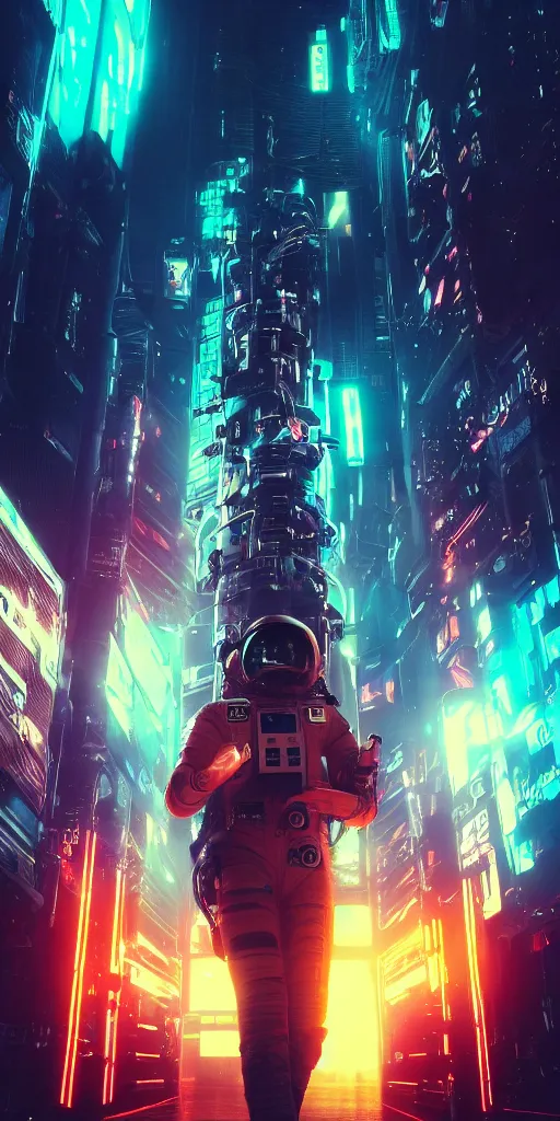 Image similar to professional photo of astronaut from front standing very close to camera from low angle shot, cyberpunk, synthwave, blade runner, hyperrealistic masterpiece, trending on artstation, cgsociety, kodakchrome, golden ratio, cinematic, composition, beautiful lighting, hyper detailed, sharp focus, octane render, 4 k, unreal engine