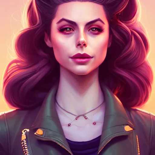 Prompt: a portrait of a beautiful willa holland pompadour long hair leather jacket, art by lois van baarle and loish and ross tran and rossdraws and sam yang and samdoesarts and artgerm, digital art, highly detailed, intricate, sharp focus, trending on artstation hq, deviantart, unreal engine 5, 4 k uhd image