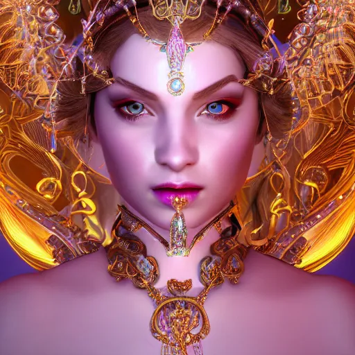 Image similar to portrait of princess of amethys, glowing, ornate and intricate anethyst jewelry, jaw dropping beauty, glowing background lighting, white accent lighting, hyper detailed, fairy tale, 4 k octane render