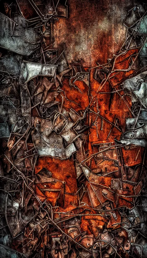 Image similar to rusty metal, chaos, sadness, torment, gritty, digital art