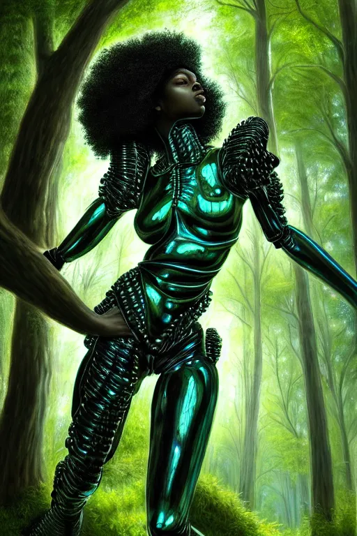 Image similar to hyperrealistic post - baroque super expressive! black woman with exoskeleton armor, merging with tree in a forest, highly detailed digital art masterpiece smooth cam de leon eric zener dramatic pearlescent blue green light ground angle hd 8 k sharp focus