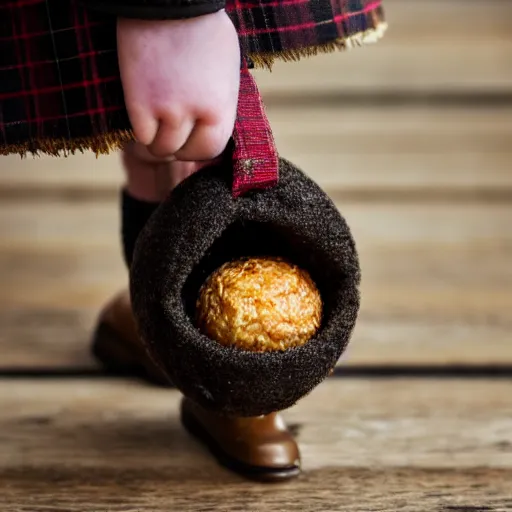 Image similar to close up photo of a miniature Scottish man in a kilt inside of a Scotch egg