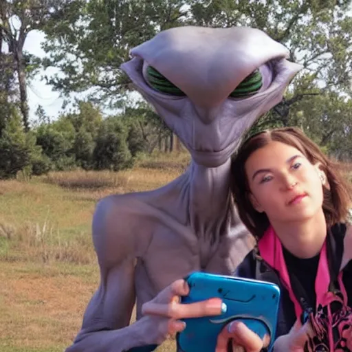 Image similar to Selfie, A girl stand next to an alien.