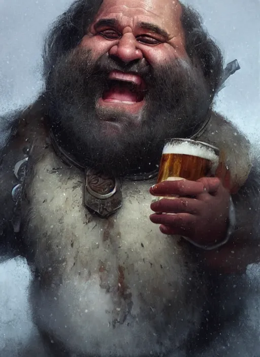 Image similar to Portrait of Danny Devito as a Dwarven Axeman with a white beard, He is drinking beer at a tavern, realistic, detailed, 4k by Greg Rutkowski Mark Arian trending on artstation