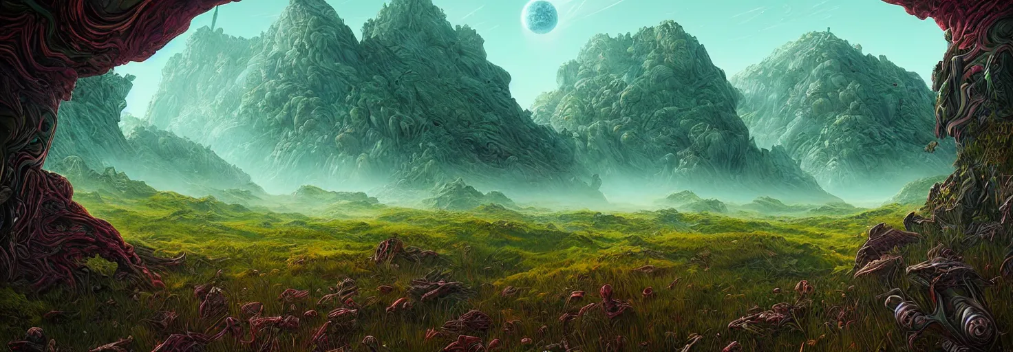 Prompt: alien exoplanet : landscape : flora and fauna : android jones