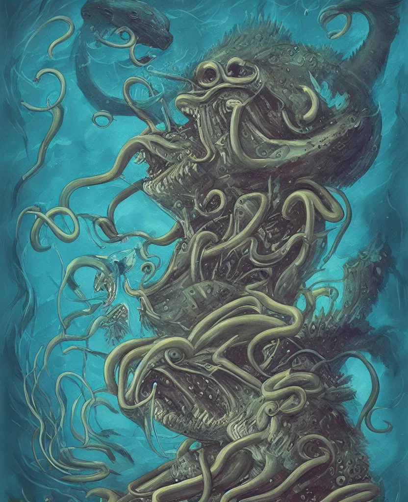 Image similar to mysterious bestiary of wild emotion monsters repressed in the deep sea of unconscious of the psyche, about to rip through and escape in a extraordinary revolution, painted by ronny khalil