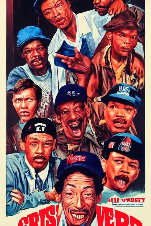 Prompt: vintage movie poster ernest goes to compton, jim varney, gangs, crips, bloods, 1 9 8 2, drew struzan inspiration