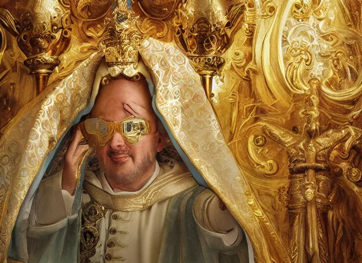 Image similar to worship of the pope, royal robe, gold trim, close - up, light effect, hyper detailed, intricate, atmospheric, elegant, photorealistic by paul lehr, marco mazzoni, featured on cgsociety, rococo, whimsical, artstation