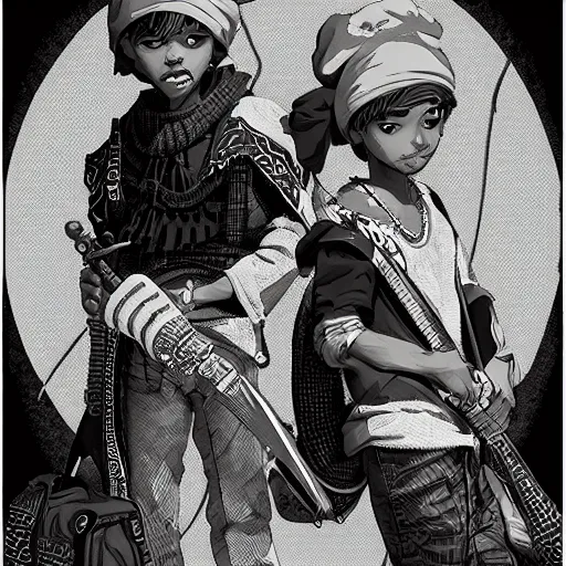 Image similar to rpg character concept art, twin brothers being cute and gangsta, intricate detail, in the style of jamie hewlett kawase hasui riyoko ikeda, 3 d render, artstation trending, 8 k, octane render, photorealistic, sharp detail, manga, black and white