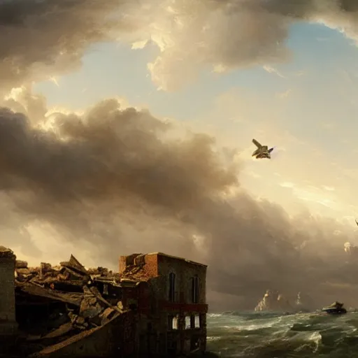 Image similar to Panorama view of a hurricane lifting ruined pieces from an ancient castle into the sky, flying island, oil painting, by Greg Rutkowski