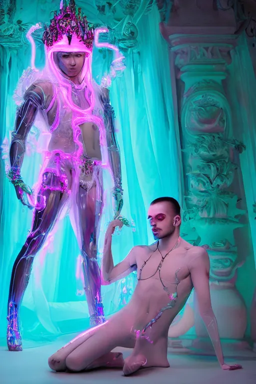 Image similar to full-body rococo and cyberpunk delicate neon crystalline sculpture of ((muscular albino prince Zayn Malik)) as an iridescent humanoid deity wearing a thin see-through ((plastic hooded cloak)) (holding a human skull) in a neon castle dungeon, reclining con (((las piernas abiertas))), glowing pink face, crown of (white lasers), large diamonds, swirling black silk fabric. futuristic elements. oozing glowing liquid, full-length view. space robots. intricate artwork by caravaggio. Trending on artstation, octane render, cinematic lighting from the right, hyper realism, octane render, 8k, depth of field, 3D