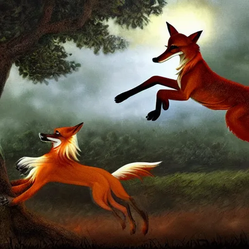 Image similar to a mexican greyhound flaps its wings dramatically as a crafty fox jumps out from behind a tree to take it down, fantasy art