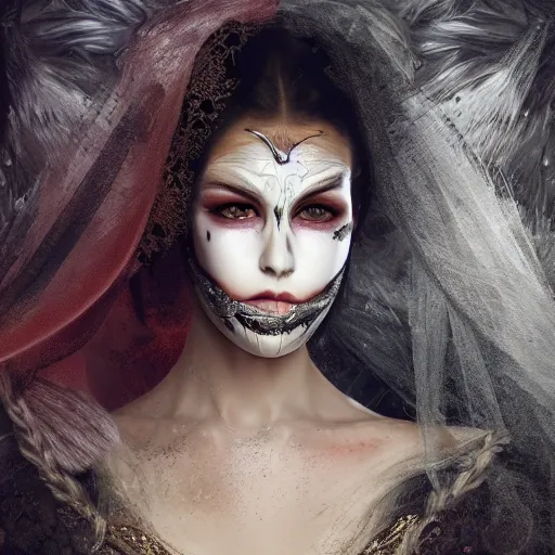 Prompt: a close up of a person wearing a mask, a photorealistic painting by csaba markus, shutterstock contest winner, art photography, behance hd, daz 3 d, androgynous