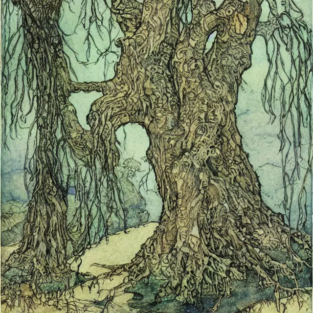 Image similar to a detailed, intricate watercolor and ink illustration with fine lines, of a mossy willow tree by a river, by arthur rackham and edmund dulac and ted nutall