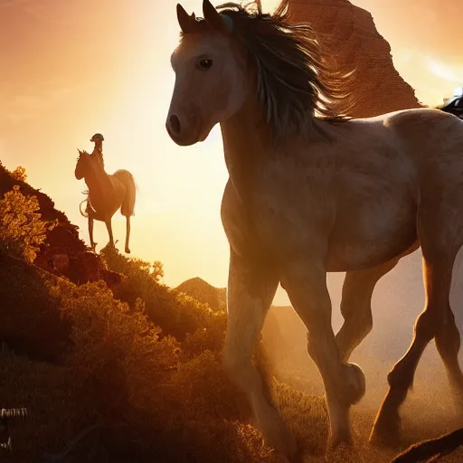 Image similar to spirit, the wild horse from the spirit movie, with the young girl named lucky on the horseback galloping next to a canyon into the sunset, movie poster, intricate detail, 8 k, trending on artstation, octane render