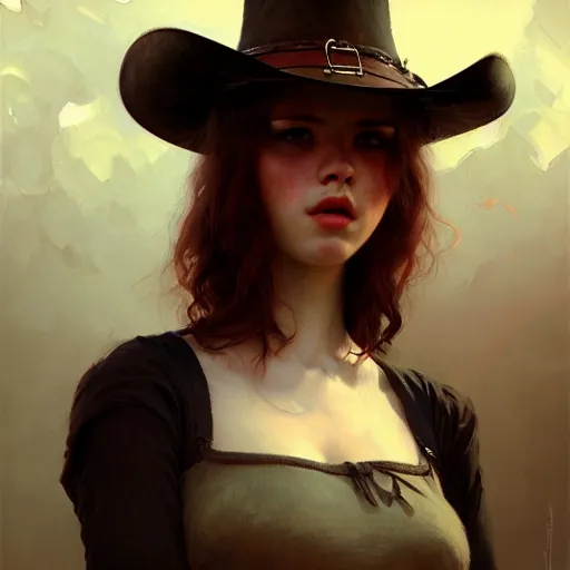 Image similar to young angry woman, beautiful girl, full body, no hair, cowboy hat, realistic, serov, surikov, vasnetsov, repin, kramskoi, insanely detailed, charlie bowater, tom bagshaw, high resolution, octane rendered, unreal engine, illustration, trending on artstation, masterpiece, 8 k