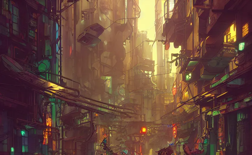 Image similar to a cat society in a cyberpunk city alleyway in a space opera cyberpunk studio ghibli animated film, volumetric lighting, octane render by anime, artgerm, alphonse mucha, loish, alena aenami, highly detailed