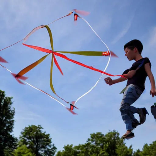 Image similar to a boy flying a drone as if it were a kite tied to a string.