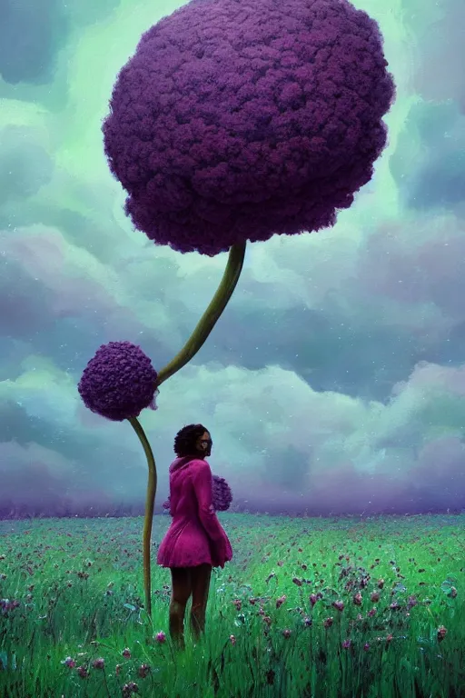 Image similar to closeup, giant flower head, black woman in heather field, surreal photography, starlight, storm clouds, impressionist painting, digital painting, artstation, simon stalenhag