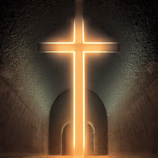 Image similar to a christian cross made out of light at the end of a tunnel, concept art by Doug Chiang cinematic, realistic painting, high definition, digital art, symmetrical, very detailed, extremely high detail, photo realistic, concept art, unreal engine 5,