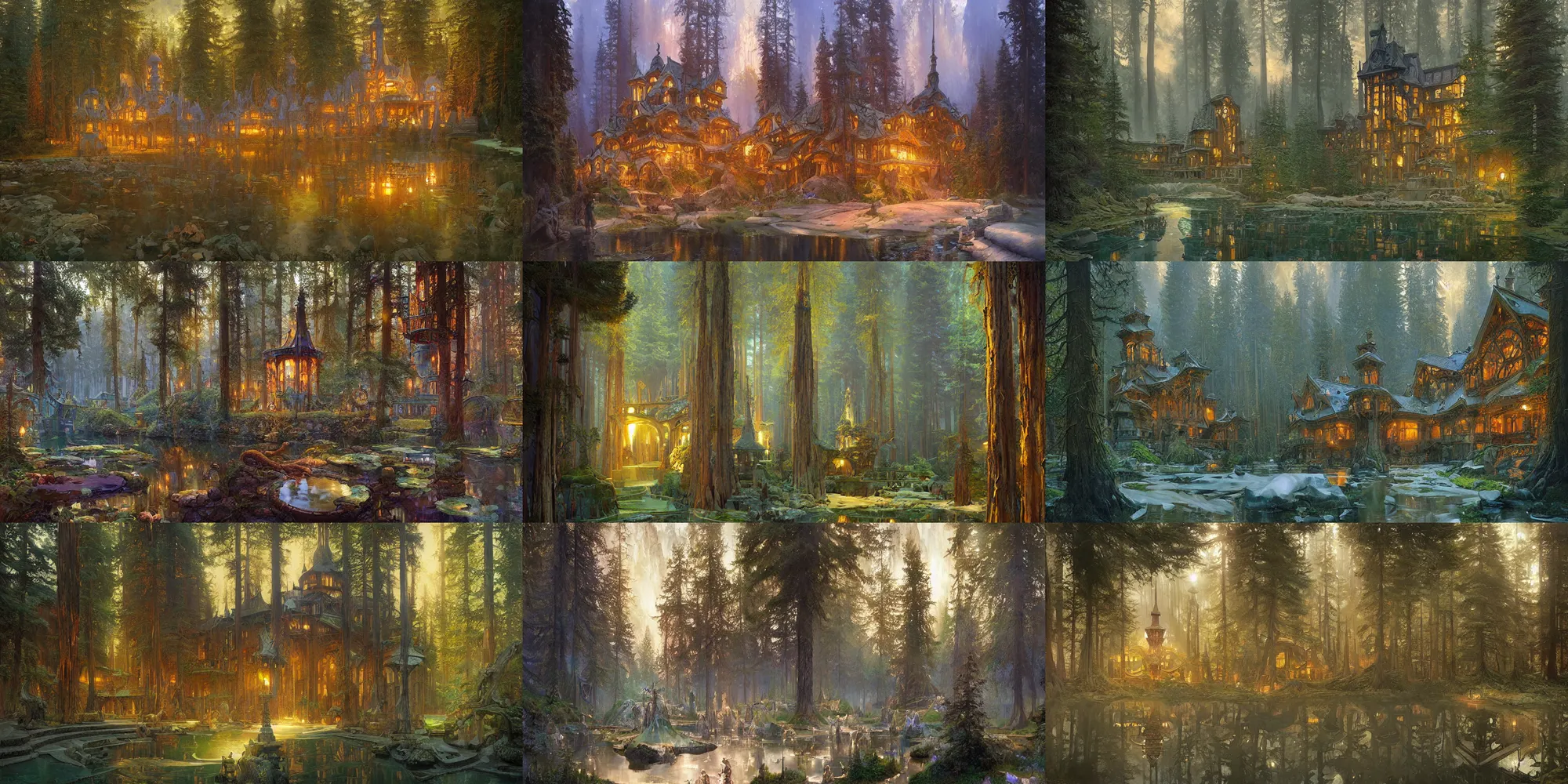 Prompt: school of magic near the lake in coniferous forest, art nouveau architecture, fantasy, highly detailed, intricate, volumetric lighting, digital paining, matte painting, art by finnian macmanus, thomas scholes, donato giancola