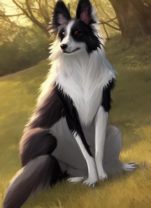 Image similar to wide angle beautiful full body portrait of a cute male anthropomorphic anthro border collie fursona in a park, character design by charlie bowater, henry asencio, and ross tran, disney, anime, scenic background, detailed, glamor pose, aesthetic, trending on artstation, furaffinity, deviantart