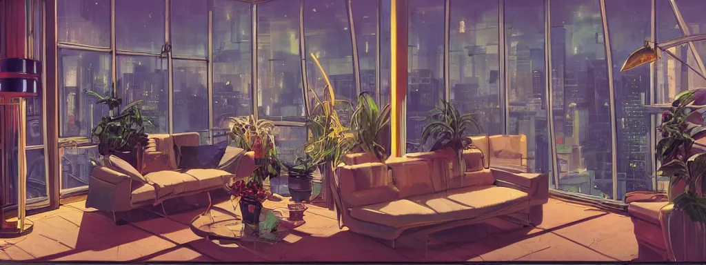 Prompt: concept art, night time retro - futurist penthouse, reflections, moody, designer furniture, high ceiling, 6 0 s colour palette, plants, flowers, floor lamps, multi - level, soft lighting, city view, bladerunner, james jean, syd mead, akihiko yoshida, cinematic