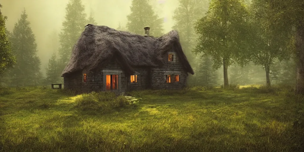 Image similar to lone cottage in the woods, 8k, fantasy, photorealistic, dramatic lighting