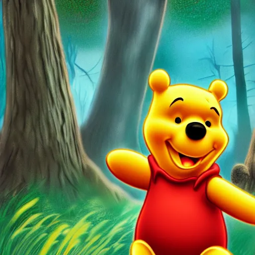 Prompt: Colored photo of winnie the pooh maniacally laughing with big sharpy teeths with bright red glowing eyes at night forest, ultra detailed, 4k